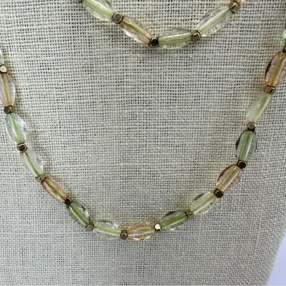 Lenox Iridescent Glass Beads Green Peach Clear Tones Gold Iridescent Necklace - Picture 3 of 9